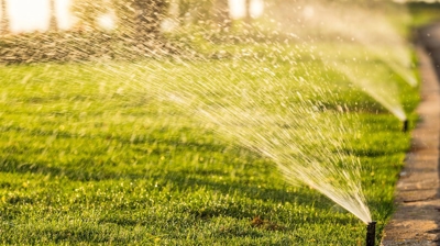 watering a home lawn early in the morning